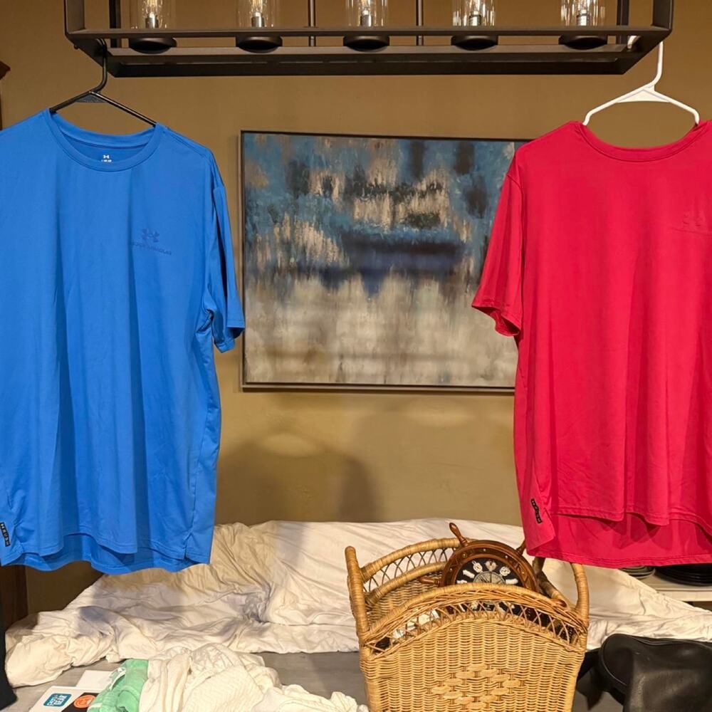 2 under armour red and blue dri fit t shirts